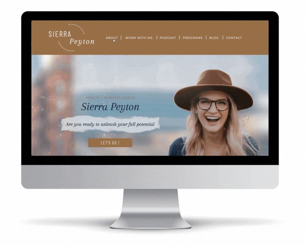 A gif showing an iMac computer scrolling mockup of the Sierra Peyton Showit website template - by Creatify Design.  